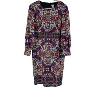 Chico's Dress Size XL 3 Purple Medallion Print Midi Long Sleeve Jewel Neckline